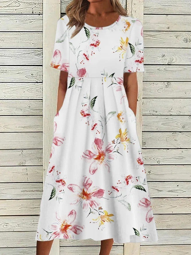 Damen Kleid | Blumenprint Kurzarm Midi