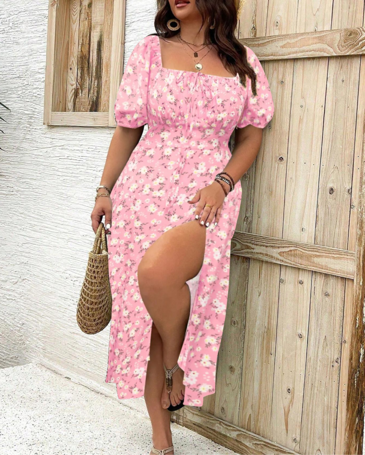 Damen Kleid | Quadratausschnitt Puffärmel Midi