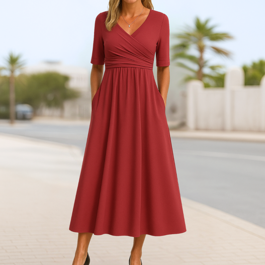 Damen Kleid | Wickeloptik V-Ausschnitt Midi