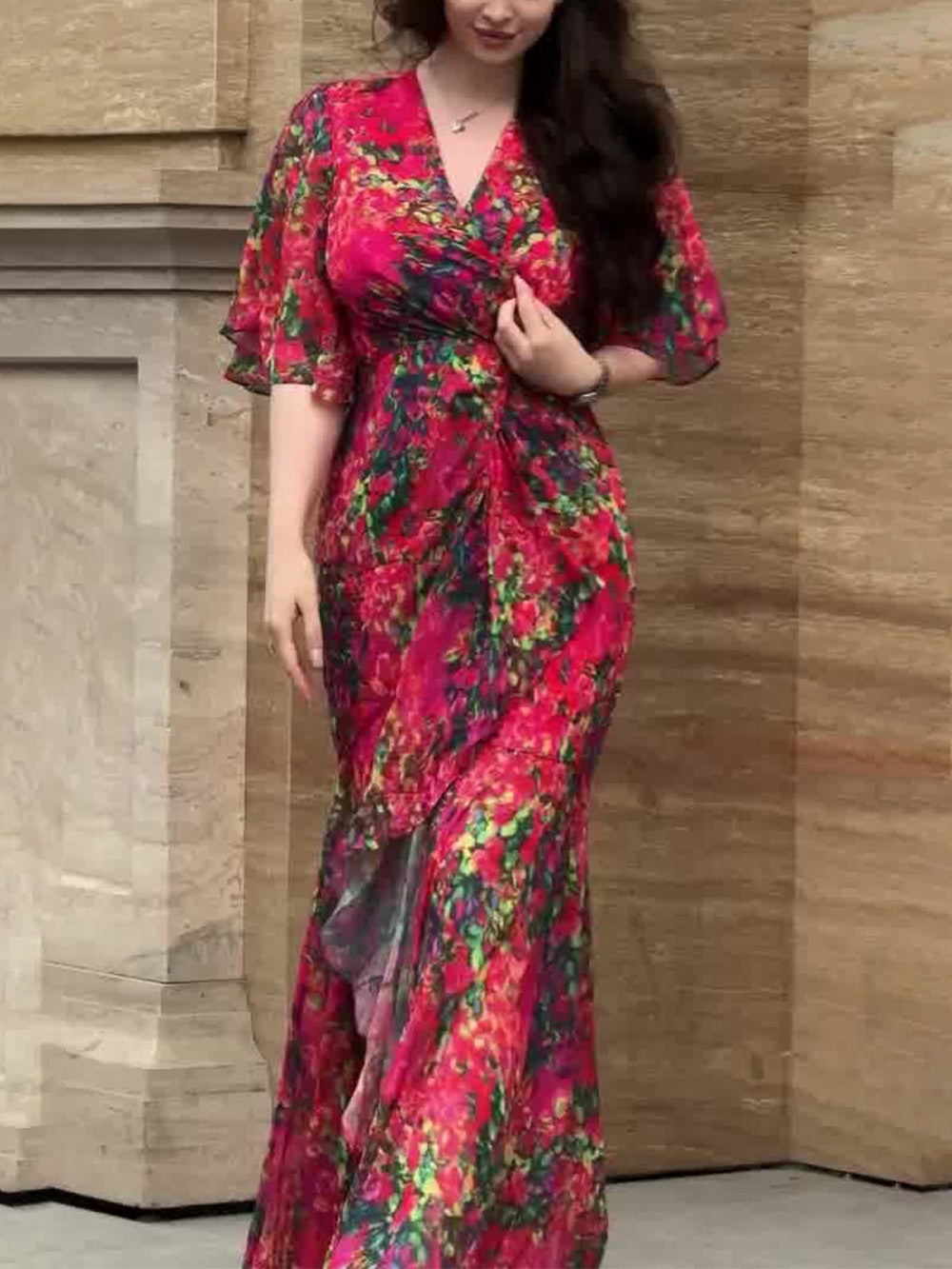 Damen Kleid | Wickel V-Ausschnitt Floral