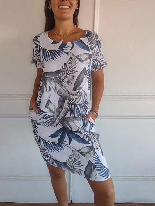 Damen Kleid | Blumenmuster Rundhals Kurzarm