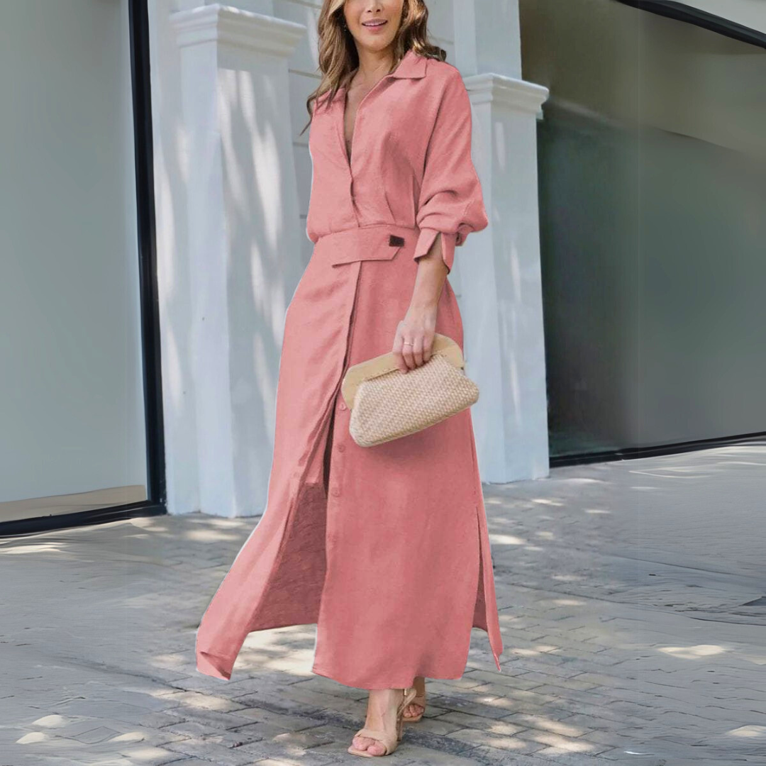Damen Kleid | Hemdkragen Knopfleiste Maxi