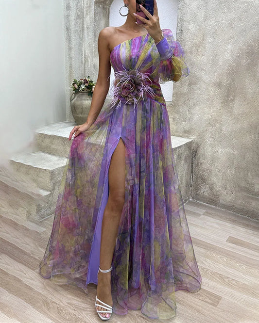 Damen Abendkleid | One-Shoulder Blumen Maxi