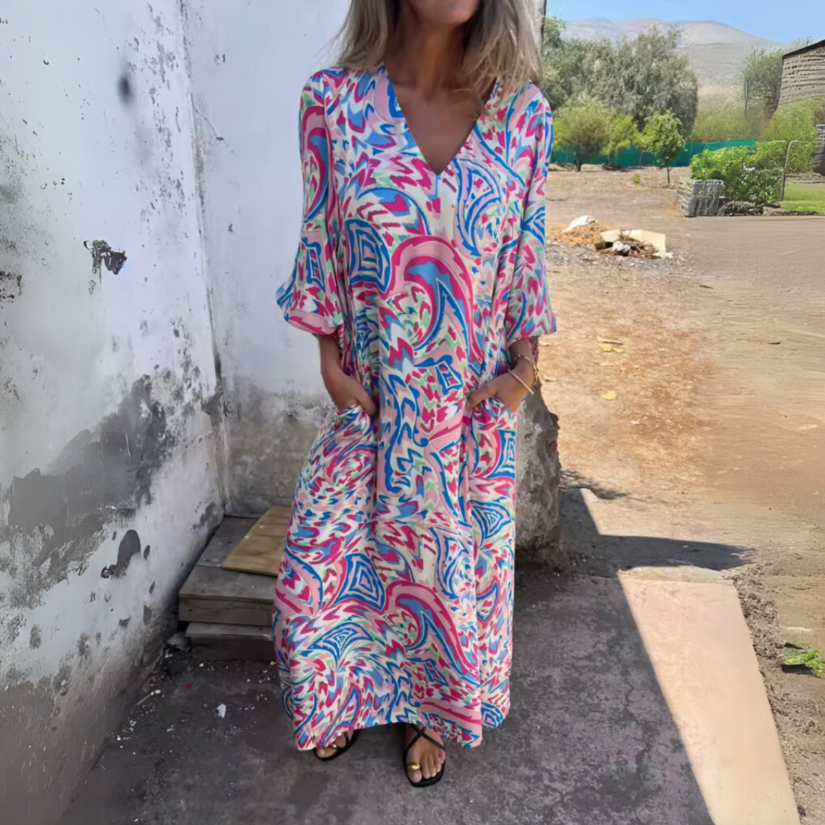 Damen Kleid | V-Ausschnitt Muster Maxi