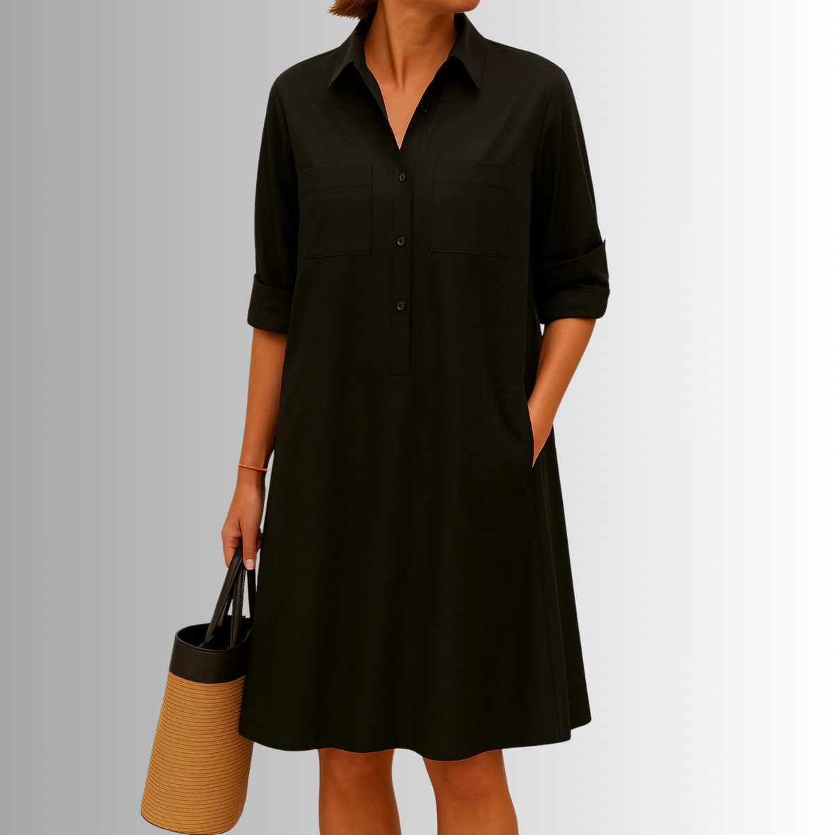 Damen Kleid | Hemdkragen Seitentaschen Kurzarm