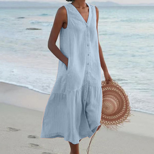 Damen Kleid | Ärmellos Knopfleiste Midi