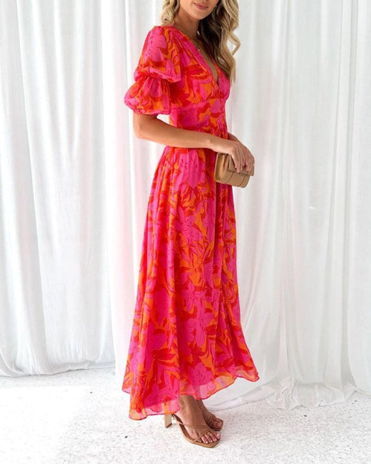 Damen Kleid | V-Ausschnitt Blumenmuster Maxi