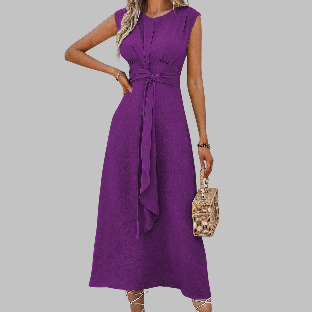 Damen Kleid | Rundhalsausschnitt Bindegürtel