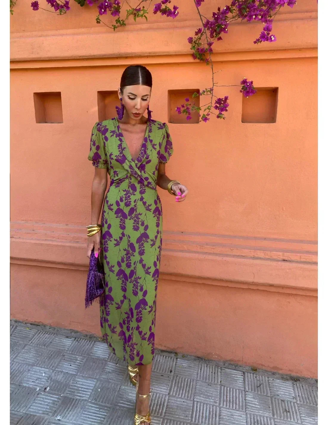 Damen Kleid | Print Puffärmel V-Ausschnitt