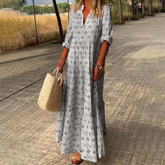 Damen Kleid | Blättermuster V-Ausschnitt Maxi