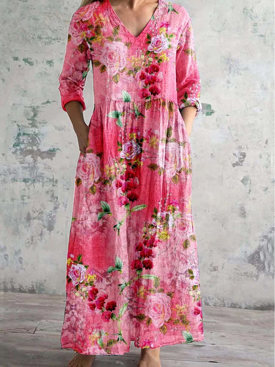 Damen Kleid | Lockeres Blumenmuster V-Ausschnitt