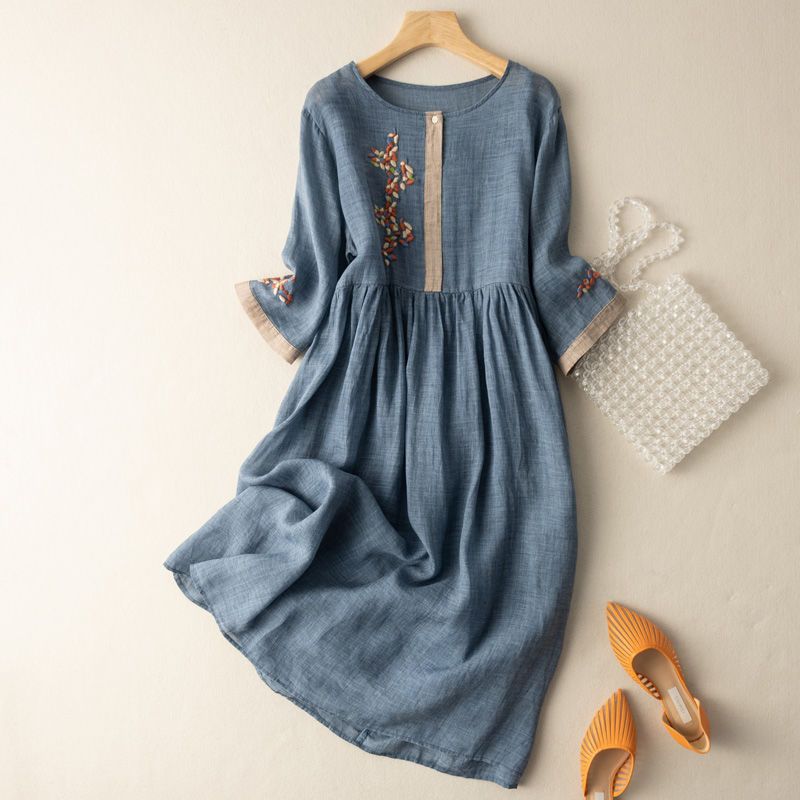 Damen Kleid | Besticktes Lockeres Midi