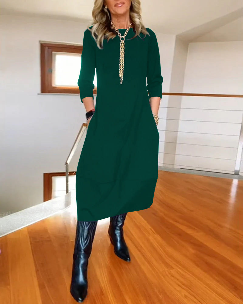 Damen Kleid | Rundhals Langarm Midi