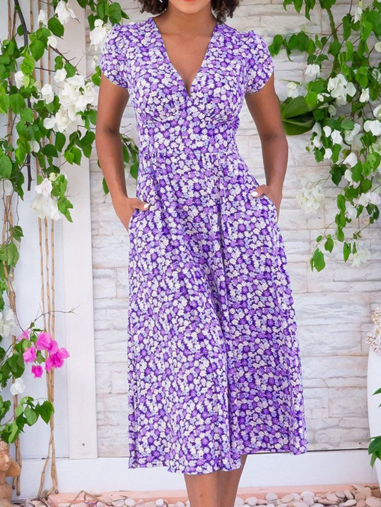 Damen Kleid | Blumenmuster V-Ausschnitt