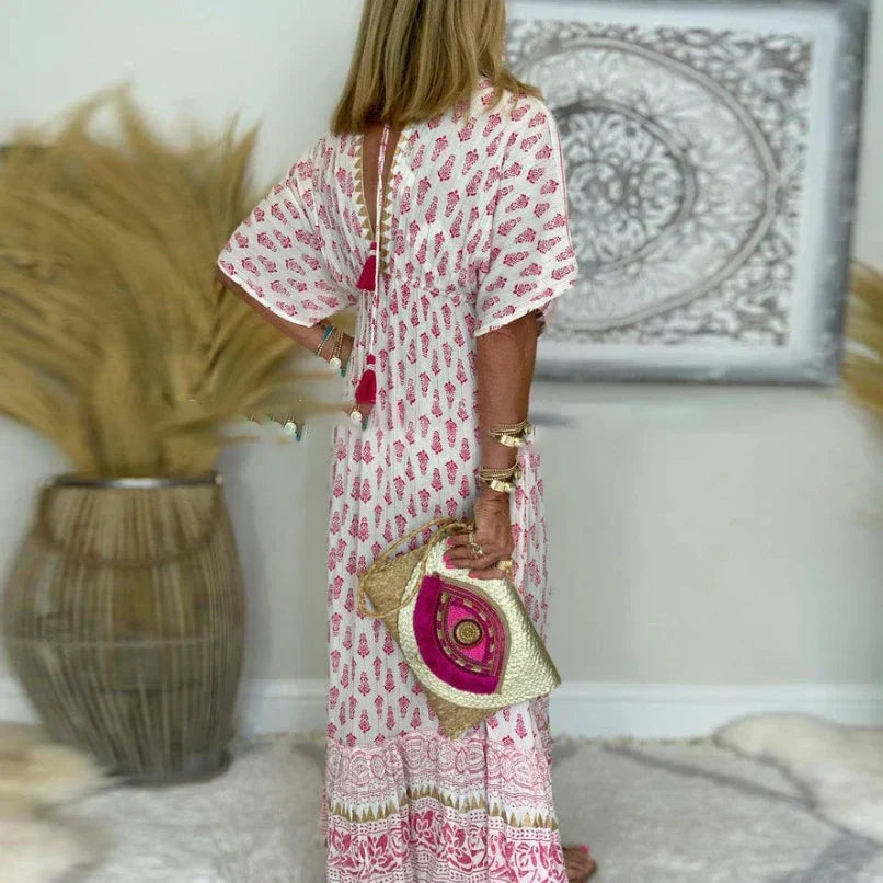 Damen Kleid | Boho Print V-Ausschnitt Maxi