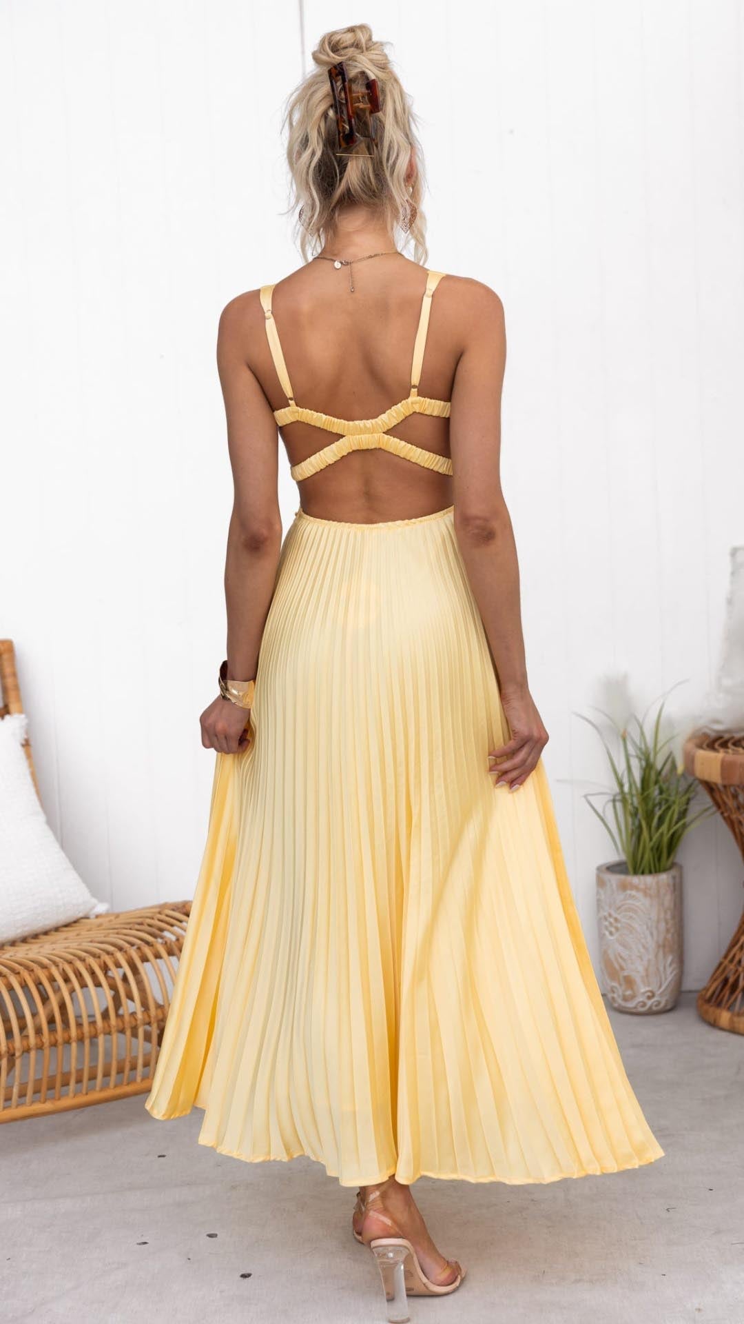Damen Kleid | V-Ausschnitt Plissee Maxi
