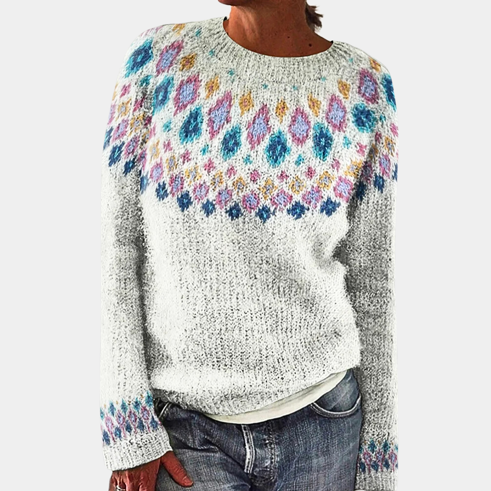 Pullover Damen Strick Rundhals | Buntes Muster Vielseitig