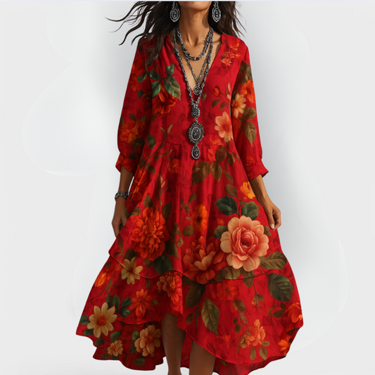 Damen Kleid | Blumenmuster Langarm V-Ausschnitt