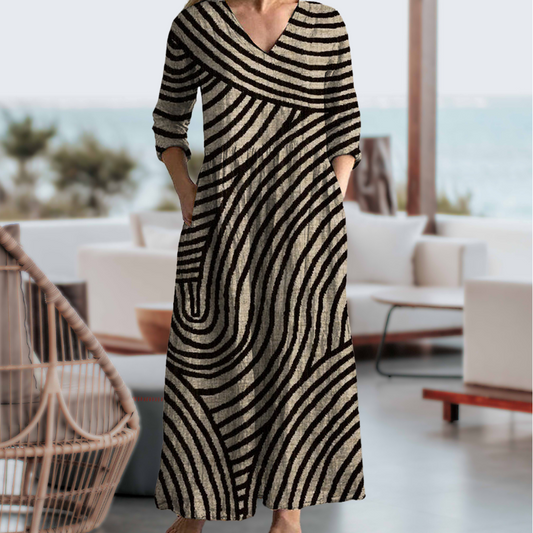 Damen Kleid | Vintage Streifen V-Ausschnitt