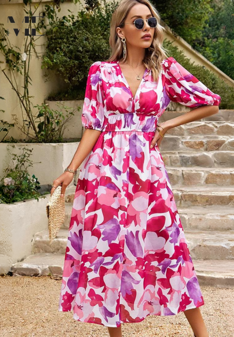 Damen Kleid | V-Ausschnitt Puffärmel Midi