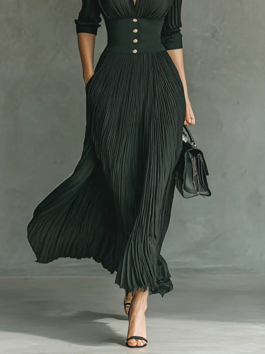 Damen Kleid | Reverskragen Plissee Maxi