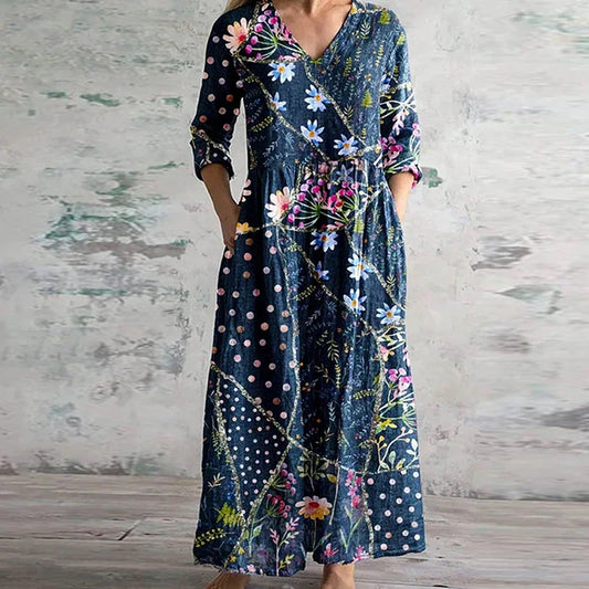 Damen Kleid | Retro Print V-Ausschnitt Maxi