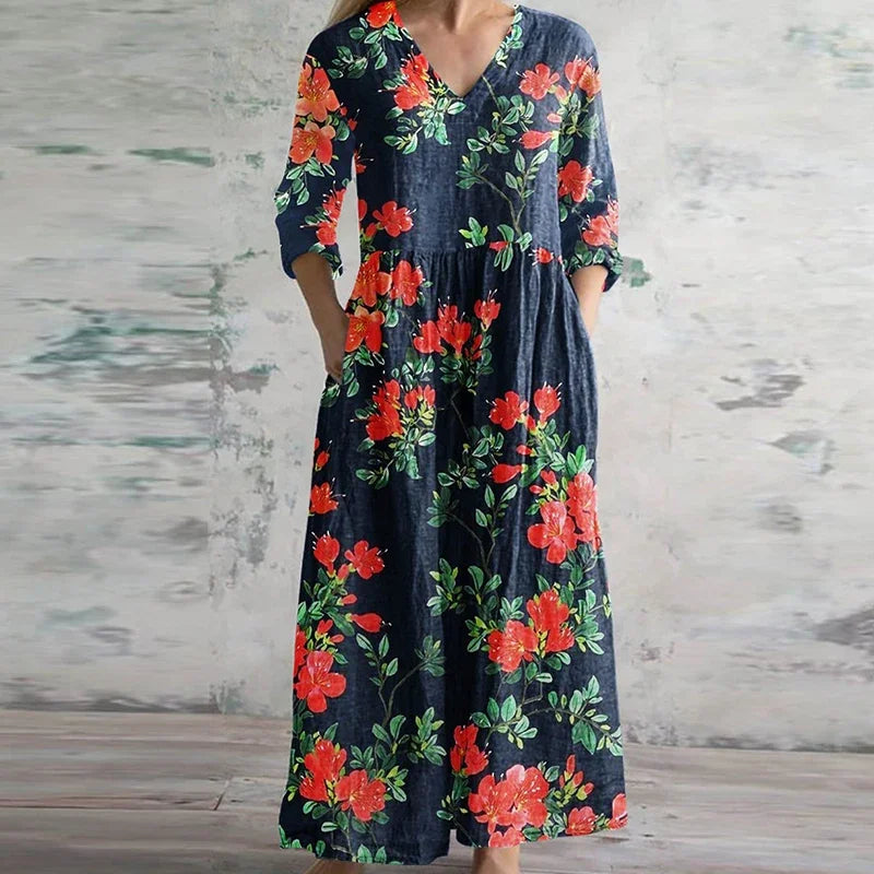 Damen Kleid | Retro Print V-Ausschnitt Maxi