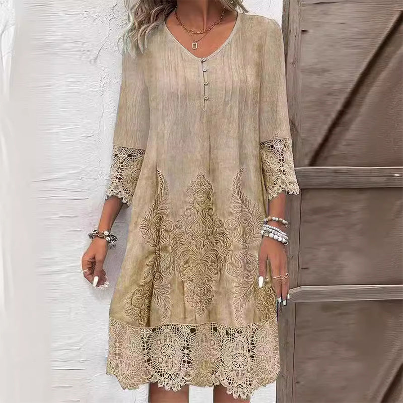 Damen Kleid | Stickerei Dreiviertelärmel Midi