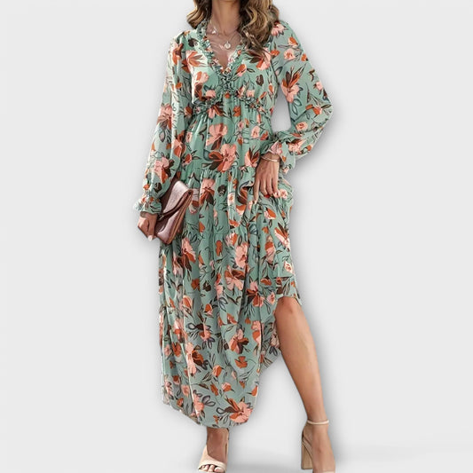 Damen Kleid | Blumenmuster V-Ausschnitt Langarm