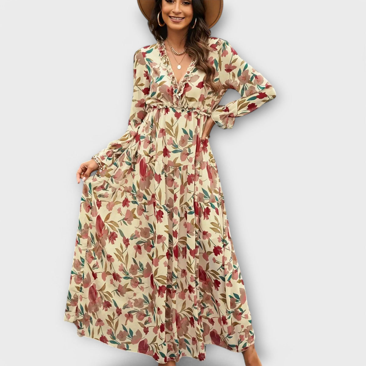 Damen Kleid | Blumenmuster V-Ausschnitt Langarm