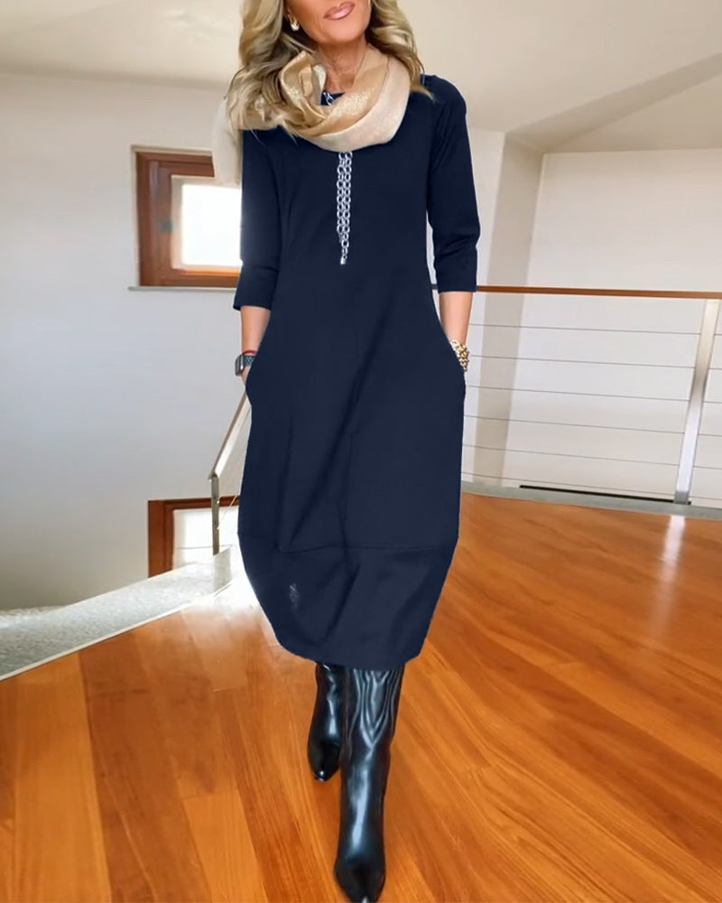 Damen Kleid | Rundhals Langarm Midi
