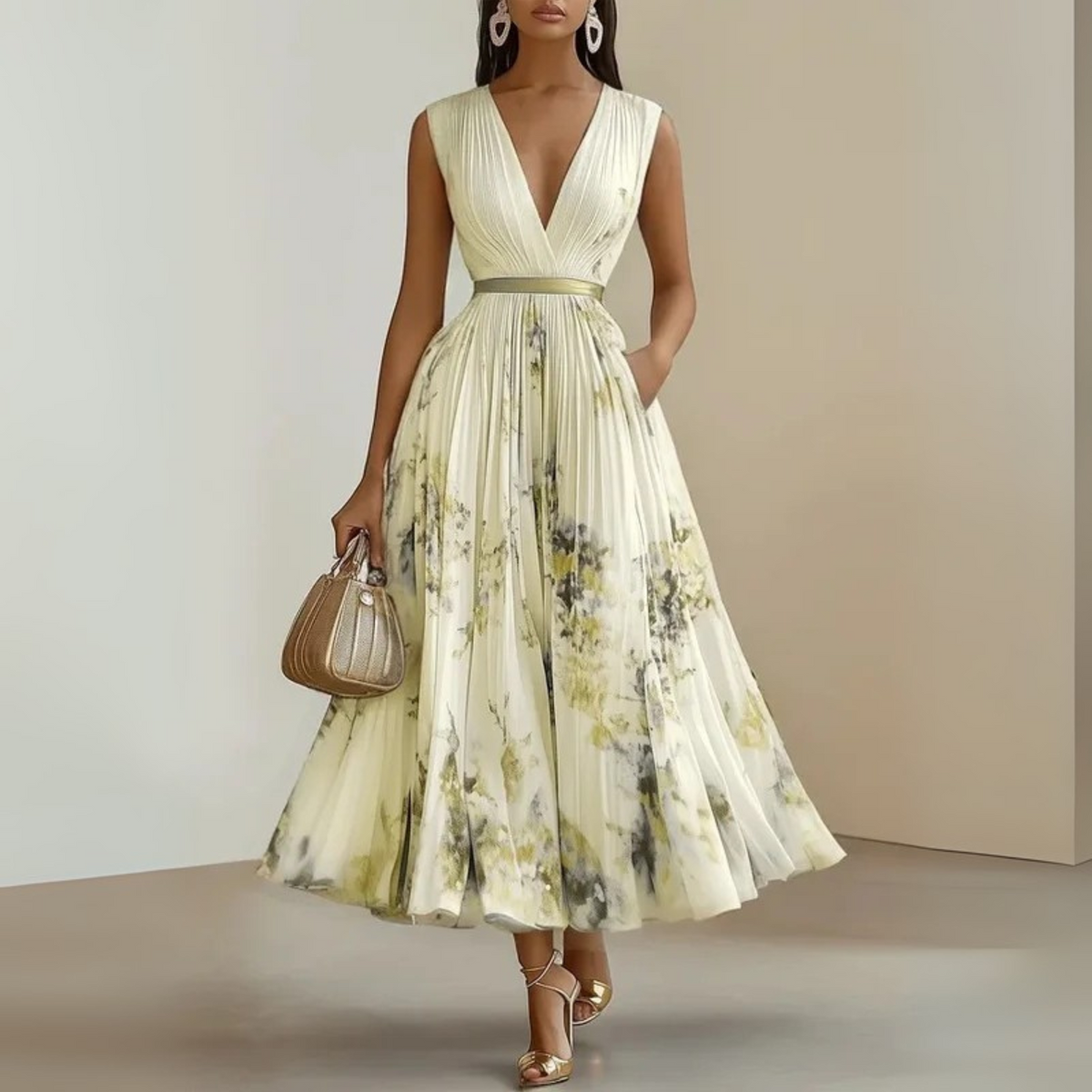Damen Kleid | Plissee V-Ausschnitt Maxi