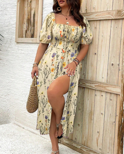 Damen Kleid | Quadratausschnitt Puffärmel Midi