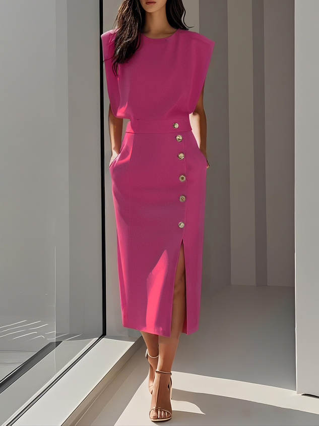 Damen Kleid | Ärmelloses Midi mit Knöpfen