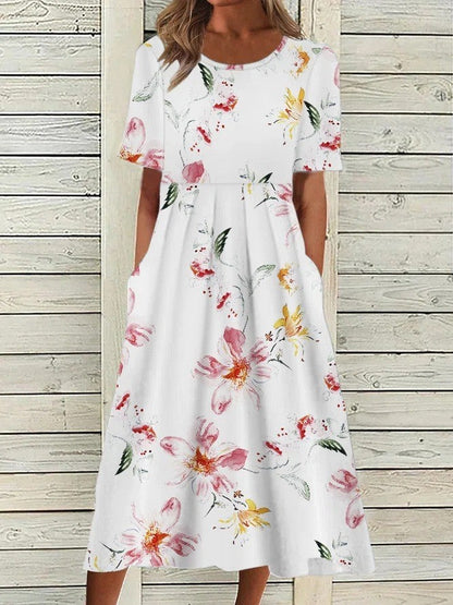 Damen Kleid | Blumenprint Kurzarm Midi