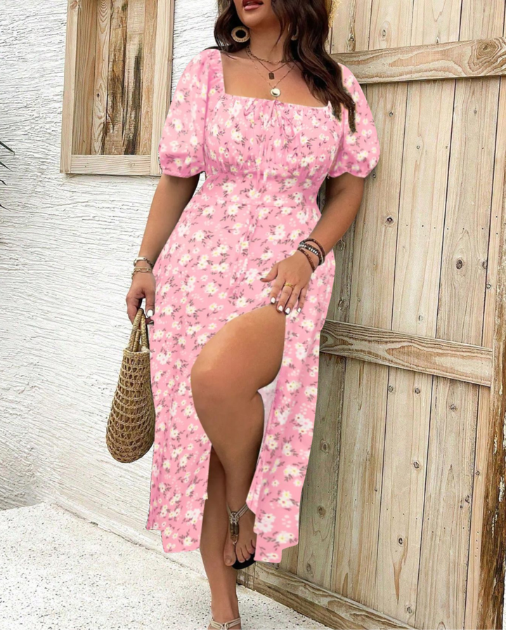 Damen Kleid | Quadratausschnitt Puffärmel Midi