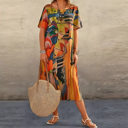 Damen Kleid | Print Kurzarm Midi