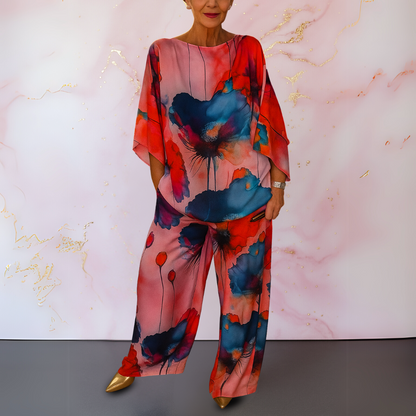 Damen Zweiteiler | Blumenmuster Bluse und Hose