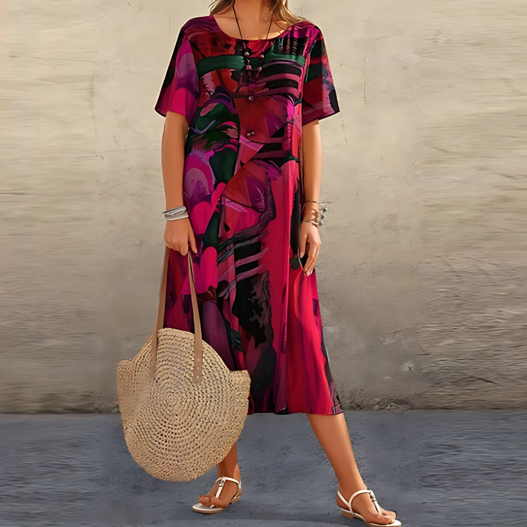 Damen Kleid | Print Kurzarm Midi