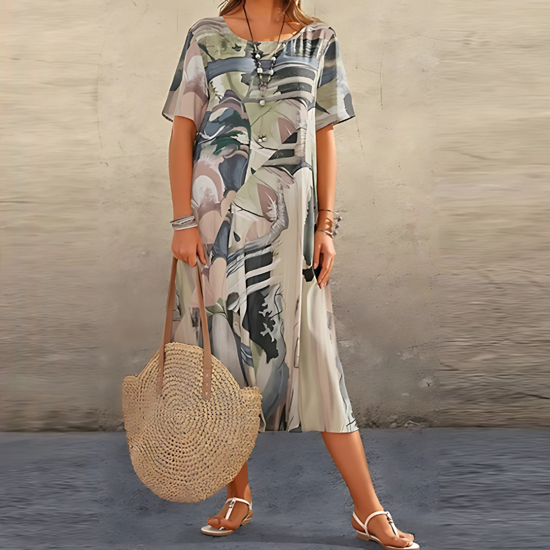 Damen Kleid | Print Kurzarm Midi