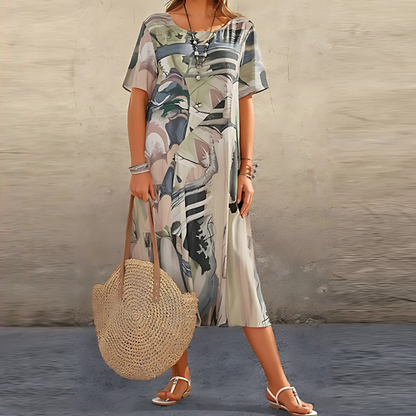 Damen Kleid | Print Kurzarm Midi