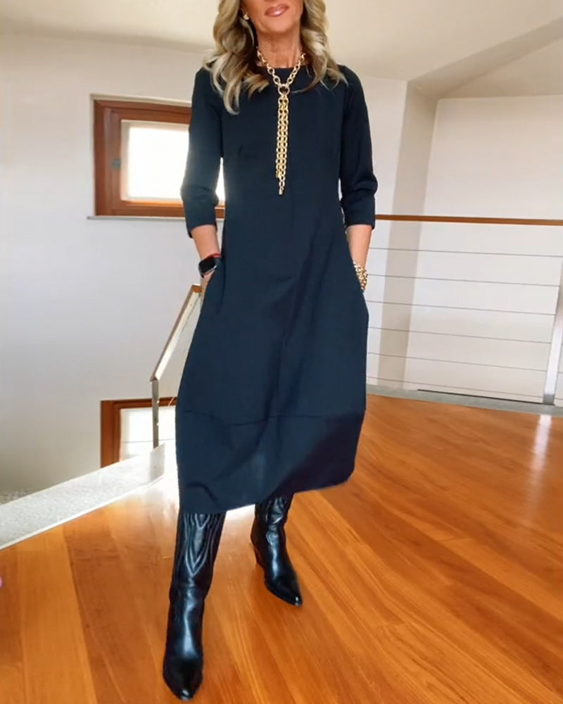 Damen Kleid | Rundhals Langarm Midi