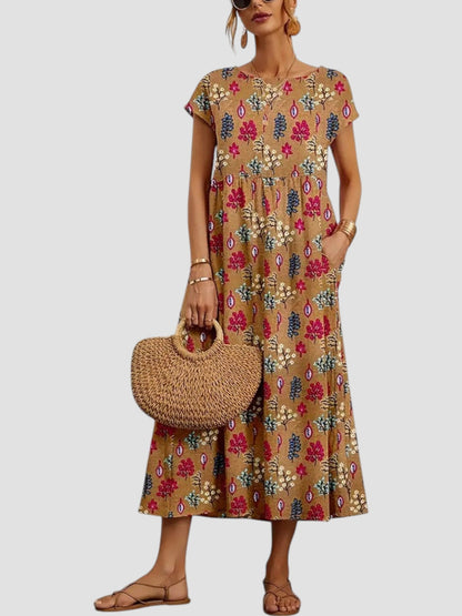 Damen Kleid | Blumenmuster Kurzarm Midi