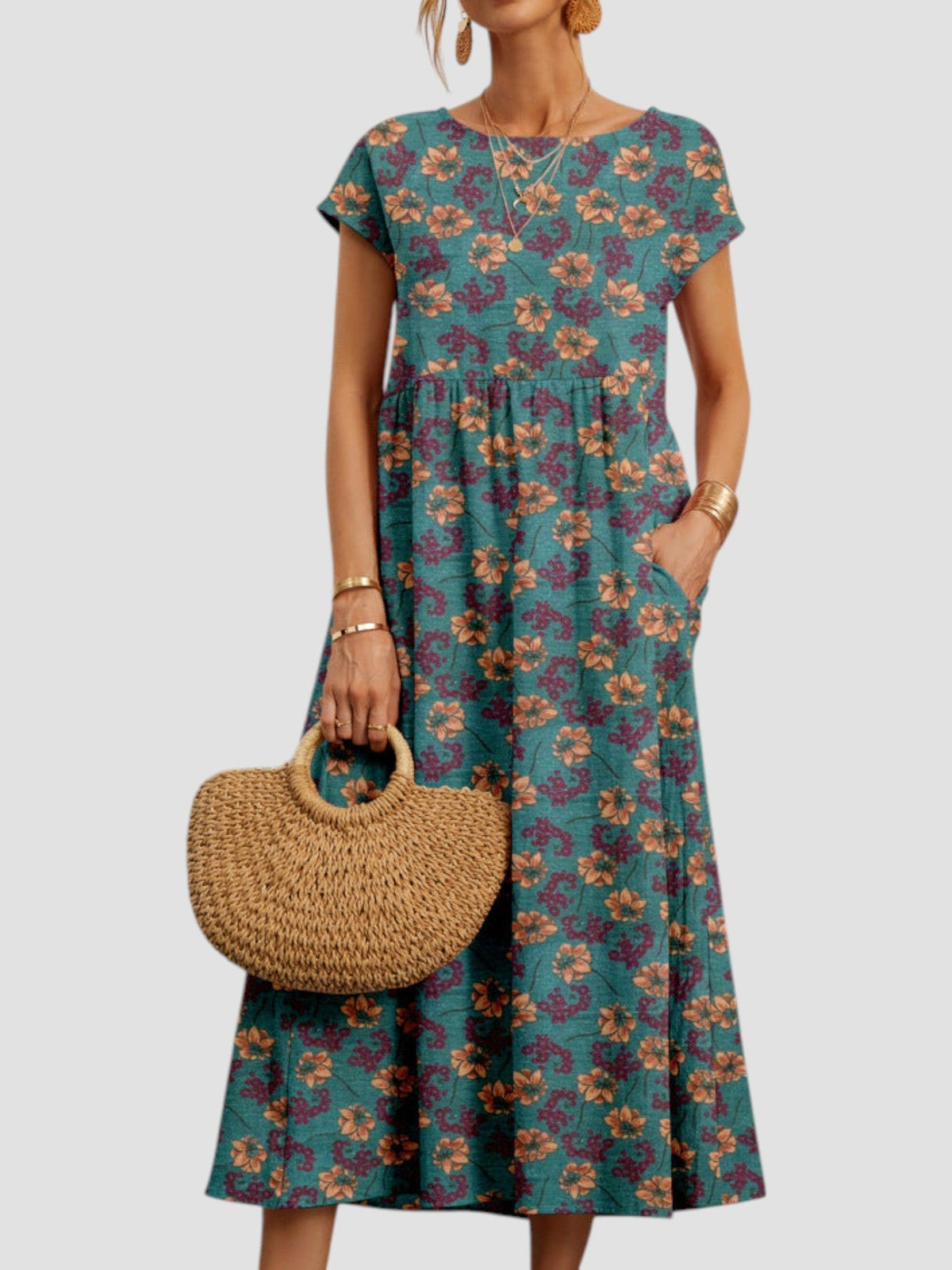 Damen Kleid | Blumenmuster Kurzarm Midi