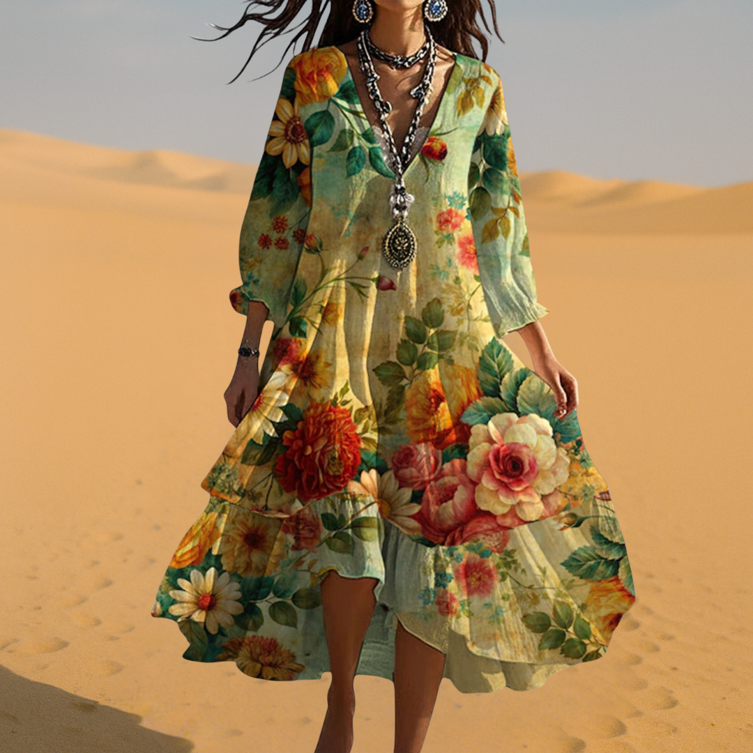 Damen Kleid | Blumenmuster Langarm V-Ausschnitt