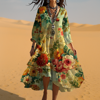 Damen Kleid | Blumenmuster Langarm V-Ausschnitt