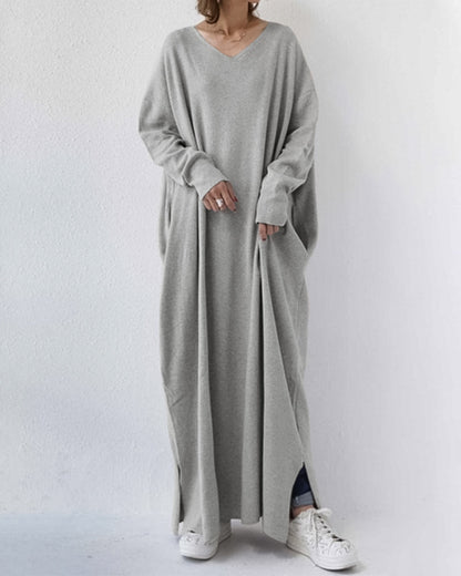 Damen Kleid | V-Ausschnitt Langarm Maxi