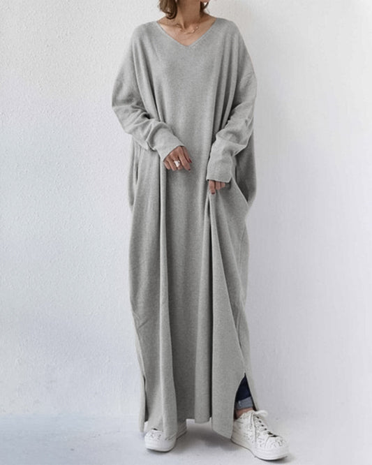 Damen Kleid | V-Ausschnitt Langarm Maxi