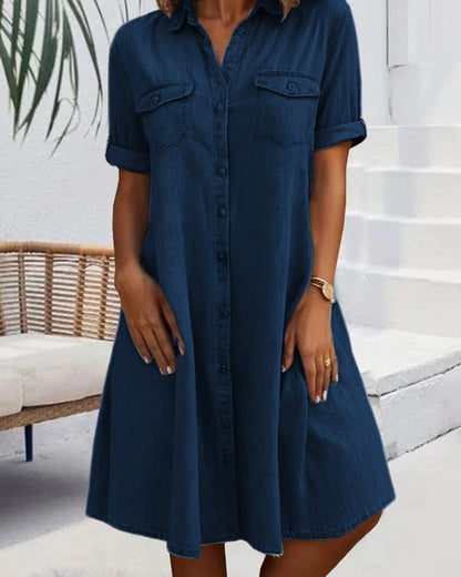 Damen Kleid | Knopfleiste Kragen Taschen