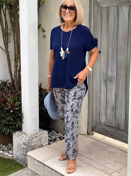 Damen Zweiteiler | Kurzarmshirt und Gemusterte Hose